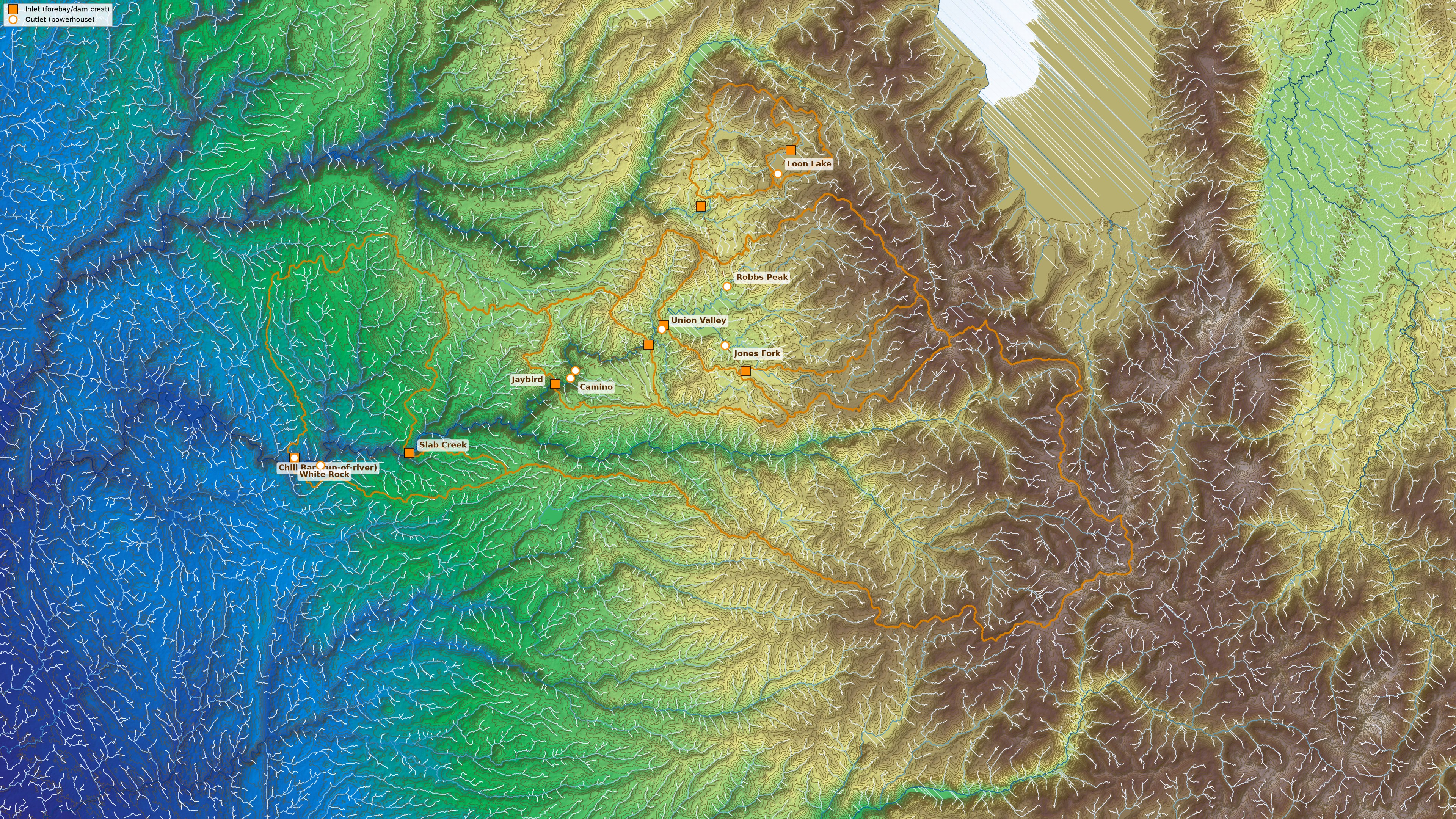 The nine plants on the terrain: orange squares are the inlet
(forebay/dam crest), orange circles the outlet (powerhouse), dashed
lines the inlet-to-outlet path each plant's water travels. Terrain is
the elevation gradient with 50 m contours; streams are colored by
upstream area; orange rings are the inlet-anchored catchment
boundaries. Loon Lake and Robbs Peak feed the North Fork Feather; the
other six plants are on the mainstem Feather.